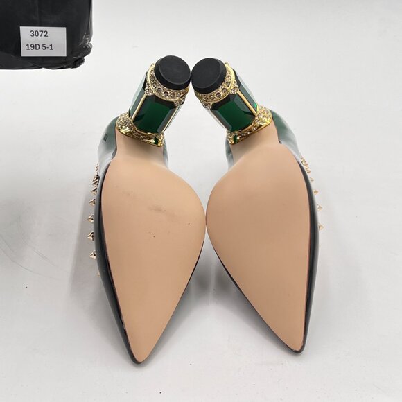 FSJ Green Bridal Pointed Toe Chunky High Heel Crystal Pumps Wedding Dress Shoes - Picture 7 of 8